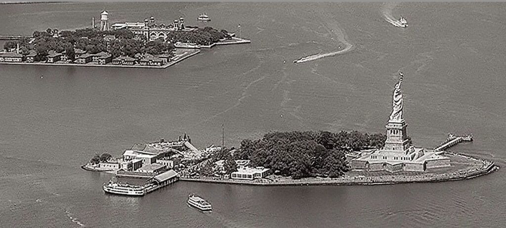 The Statue of Liberty and Ellis Island.