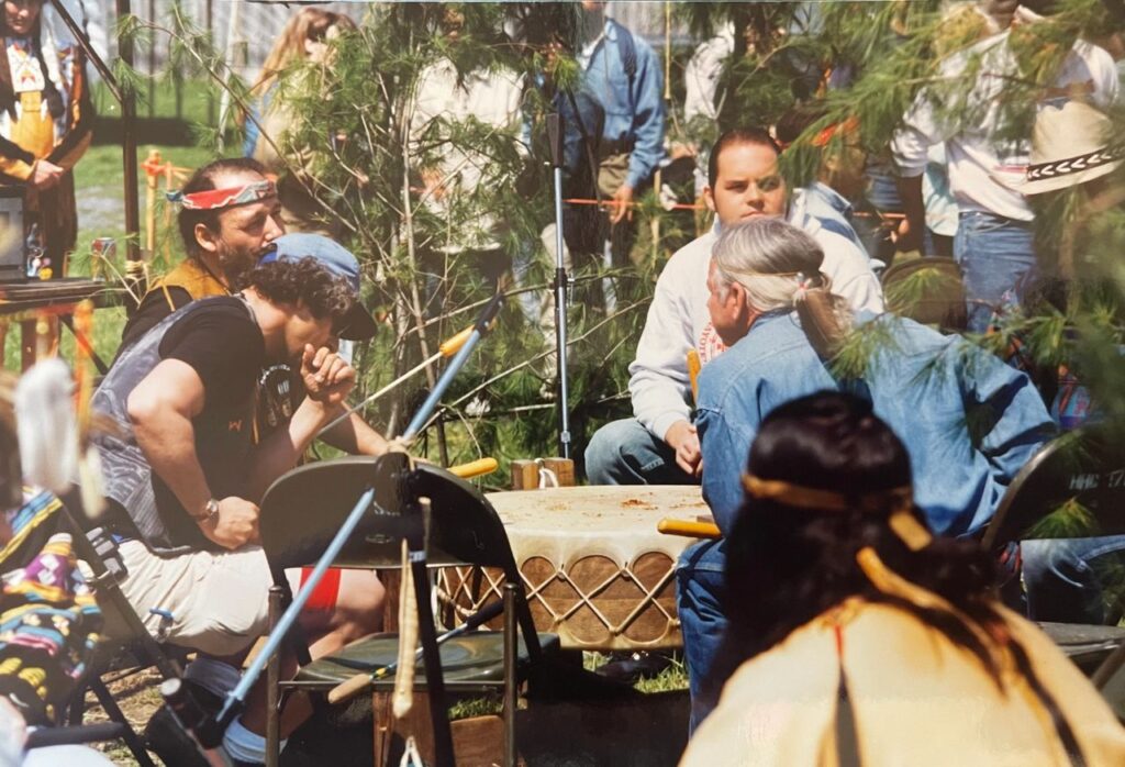 Tom Obomsawin (Missisquoi Drum Keeper), Jesse Bowman Bruchac, Ed Verge, John Lawyer, and Charlie Delaney. Missisquoi Drum performing at the first Abenaki Heritage Celebration in Highgate, VT (1992). Photograph by Carol Bruchac.