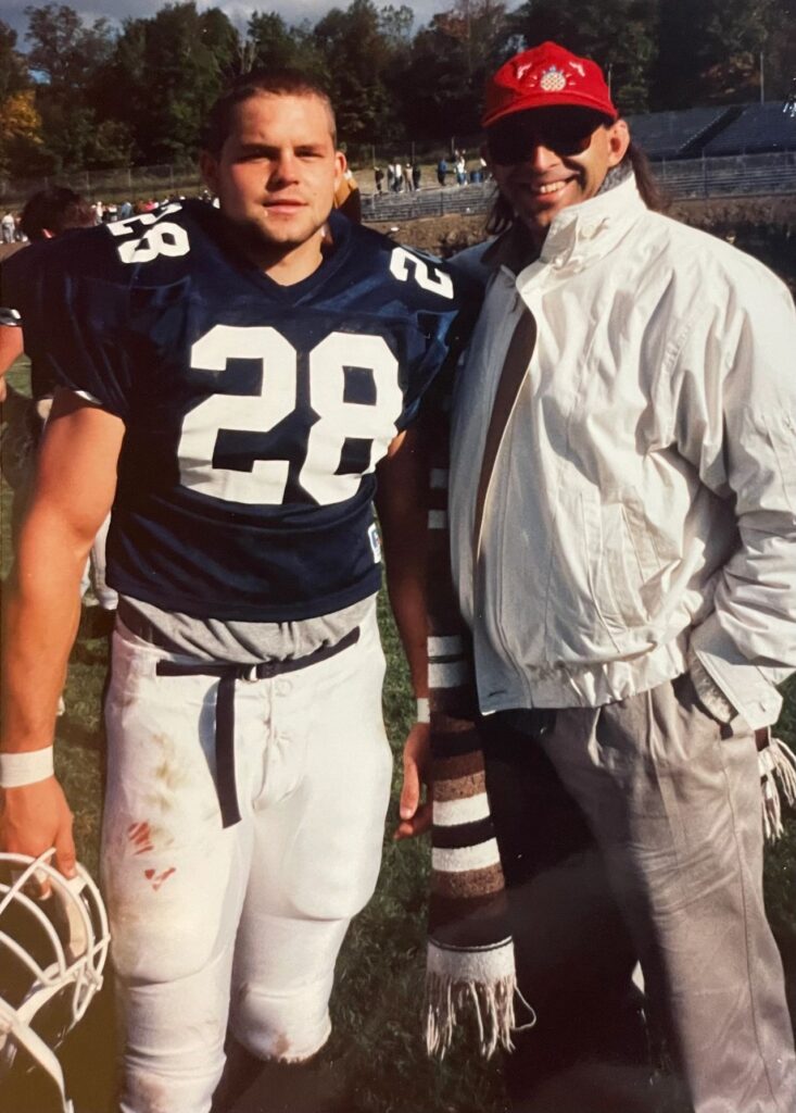 Jesse and Joseph Bruchac after a football game at Ithaca College (1991).